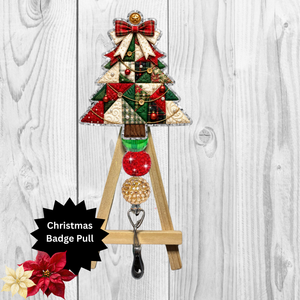 Patchwork Christmas Tree Glitter Badge Pull | Christmas Badge Reel Accessory TheCraftNook