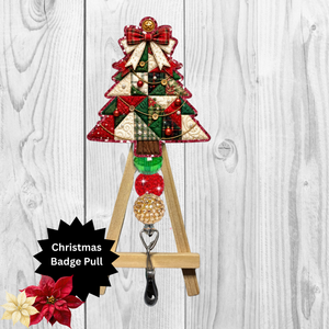 Patchwork Christmas Tree Glitter Badge Pull | Christmas Badge Reel Accessory TheCraftNook