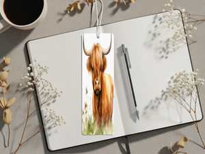 Highland cow metal bookmarks featuring vibrant colors and charming details, perfect for book lovers.