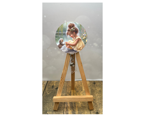 Cat badge pulls for nurses featuring a cute girl illustration on an easel display.