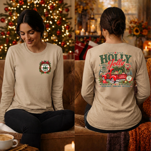 Holly Jolly Farm Long Sleeve Tee Pocket and Back graphics TheCraftNook