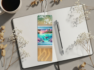Sea turtle aluminum bookmarks featuring ocean designs on a desk with a notebook and coffee.