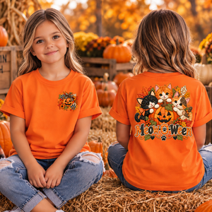 Kids MeowOween Pocket & Back Halloween T-Shirt TheCraftNook