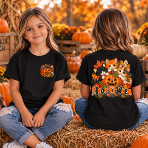 Kids MeowOween Pocket & Back Halloween T-Shirt TheCraftNook