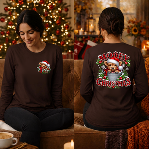Mooey Christmas Long Sleeve Tee Pockey and BAck Graphics TheCraftNook