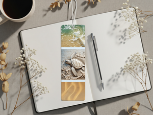 Sea turtle aluminum bookmarks featuring ocean designs on a notebook with a coffee cup.