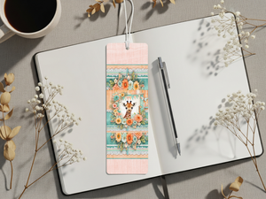 Giraffe metal bookmarks displayed on a notebook with a coffee cup, featuring floral artwork and playful design.