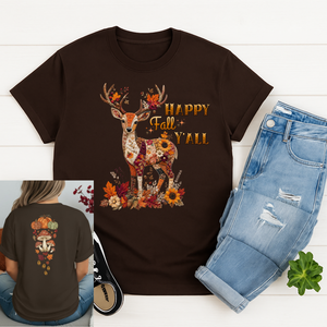 Happy Fall Woodland Deer T-shirt Front and Back Design TheCraftNook