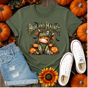 Highland Haunts T-Shirt | Dapper Highland Cow Halloween Graphic TheCraftNook