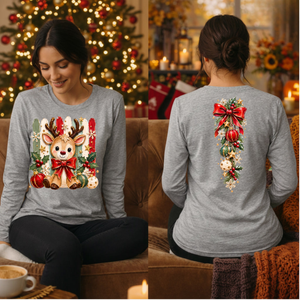 Holly Jolly Reindeer Long Sleeve Tee Front and back graphics TheCraftNook