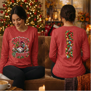 Merry And Bright Gnome Long Sleeve Tee Front and back graphics TheCraftNook