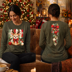 Holly Jolly Reindeer Long Sleeve Tee Front and back graphics TheCraftNook