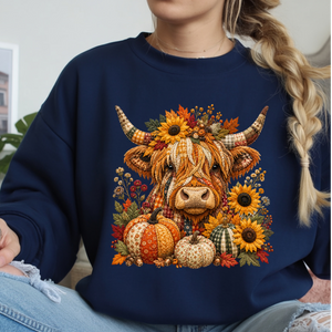Fall Patchwork Highland Cow Long Sleeve Tee TheCraftNook