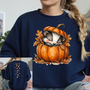 Cozy Badger Sweatshirt – Front & Back Graphic (Forest Edition) featuring unique badger design on navy fleece.