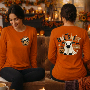 Bullsheet Halloween Faux Crochet Long Sleeve Tee – Pocket & Back Graphics TheCraftNook