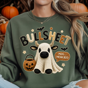 Bullsheet Halloween Faux Crochet Sweatshirt – Highland Cow Ghost TheCraftNook