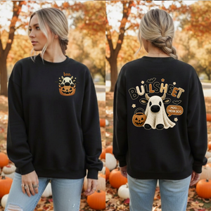 Bullsheet Halloween Faux Crochet Sweatshirt – Pocket & Back Graphics TheCraftNook