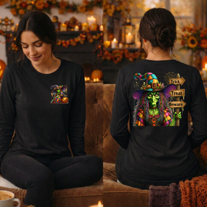 Trick Treat Beware Long Sleeve Tee Pocket and Back graphics TheCraftNook