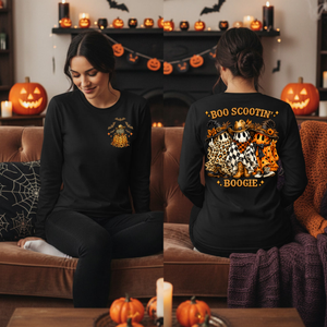 Boo Scootin' Halloween Long Sleeve T-Shirt | Pocket & Full Back Graphic TheCraftNook