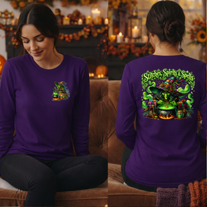 Stitches Spirits & Spells Long Sleeve Tee – Pocket & Back Graphic TheCraftNook