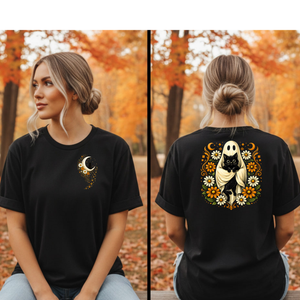Ghost Cat in Bloom T-Shirt Pocket and Full back graphics TheCraftNook