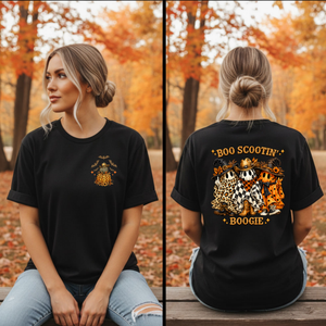 Boo Scootin' Halloween T-Shirt | Pocket & Full Back Graphic T-shirt TheCraftNook