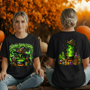 Stitches Spirits Spells Front & Back T-Shirt | Cottagecore Halloween Tee TheCraftNook