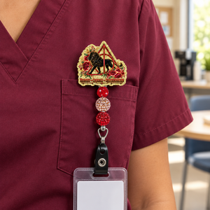 Badge pull lifestyle image on burgundy medical scrubs