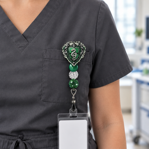 Badge pull lifestyle image on charcoal scrubs