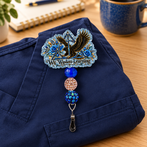 Badge pull lifestyle image on navy scrubs