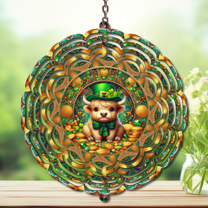 St. Patrick's Day wind spinner featuring a cute calf with a green hat and gold coins, ideal for festive decor.