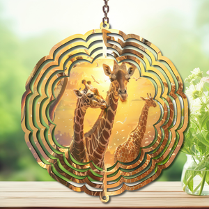 Giraffe Aluminum Metal Wind Spinner showcasing tall, playful giraffe design, perfect for yard decor.