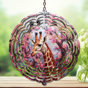 Giraffe Aluminum Metal Wind Spinner featuring whimsical art design amidst blooming flowers, perfect for yard decor.