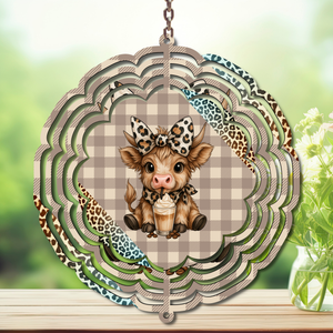 Coffee wind spinner decoration featuring a cute cow holding a coffee cup with a stylish bow, perfect for hanging outdoors.