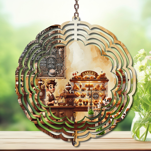 Coffee wind spinner decoration featuring a cozy café scene with a barista and pastries.