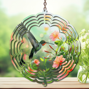 Hummingbird aluminum metal wind spinner yard art showcasing vibrant hummingbird and floral design, perfect for garden decor.