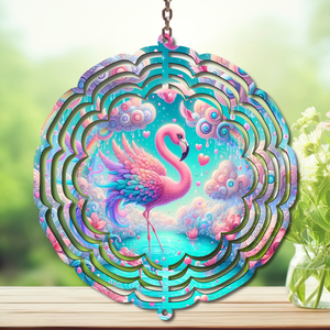 Flamingo wind spinner featuring a vibrant design with pink flamingo and tropical colors, perfect for outdoor decor.