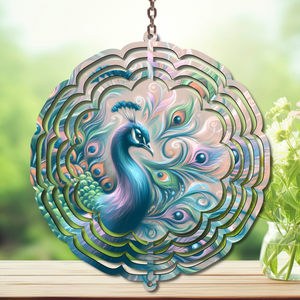 Peacock Aluminum Metal Wind Spinner, multiple images available. A swirl of peacock beauty in every breeze. TheCraftNook