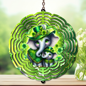 St. Patrick's Day wind spinner featuring cute elephants in green hats surrounded by shamrocks.