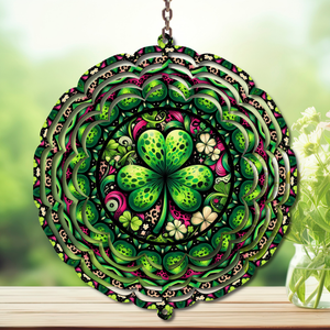 St. Patrick's Day wind spinner featuring vibrant green shamrocks and floral designs, perfect for festive decor.