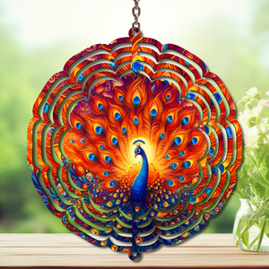 Peacock Aluminum Metal Wind Spinner, multiple images available. A swirl of peacock beauty in every breeze. TheCraftNook
