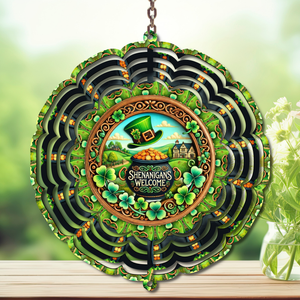 St. Patrick's Day wind spinner with green shamrocks and a playful design featuring 'Shenanigans Welcome'.