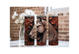 Stainless steel horse tumblers featuring artistic horse and flower designs, perfect for everyday use and gifting.