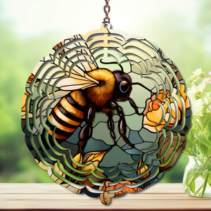 Honeybee wind spinner yard art featuring intricate bee design with vibrant colors and floral accents.