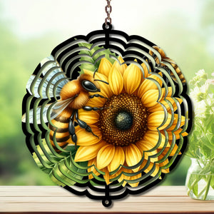 Honeybee wind spinner yard art featuring detailed illustration of a bee on a sunflower, perfect for garden decor.