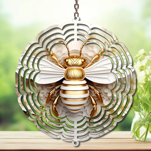 Honeybee wind spinner yard art featuring a golden bee design on a decorative backdrop, perfect for enhancing outdoor spaces.