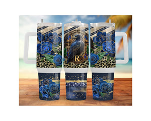 Eagle House pride stainless steel tumblers with blue roses design, available in multiple sizes.