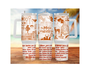 Lion House stainless steel tumblers featuring magical designs and script, available in multiple sizes.