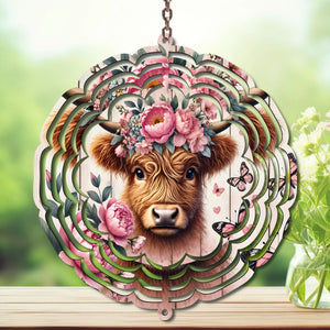Highland cow wind spinner featuring a floral design with a cute cow and butterflies, perfect for outdoor decor.