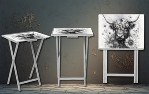 Highland cow wooden TV tray shown in three positions, featuring rustic design and cozy farmhouse style.